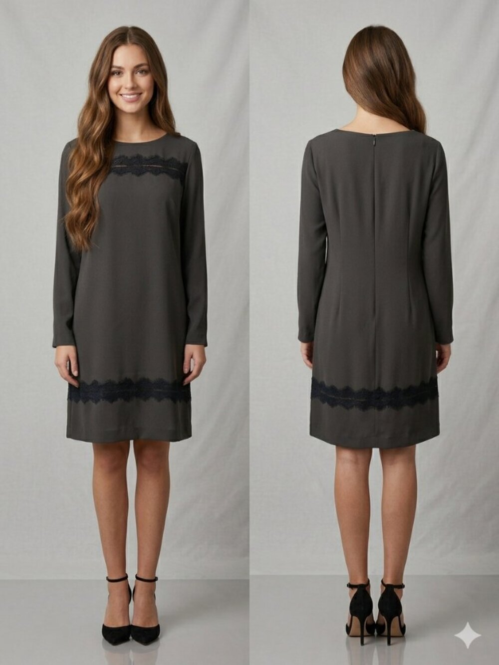 NEW Ann Taylor Lace Trim Shift Dress Size 14 Olive Gray Long Sleeve Sheath Lined